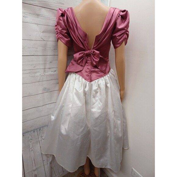 Vtg Bridesmaid Party Prom Dress Bow Satin White Pink V Neck XS Details - Picture 1 of 13